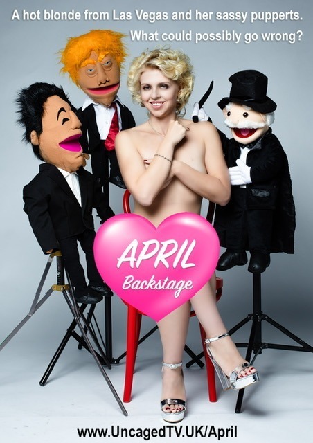 April Brucker surrounded by puppets
