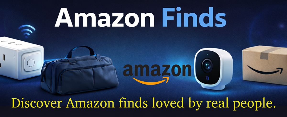 Amazon Finds Banner with smart plug, camera, amazon box